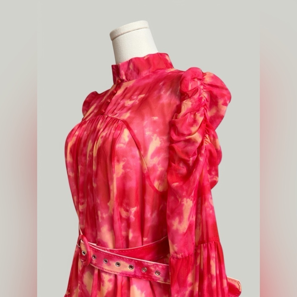 Dress Women Size Large Pink Tie Dye Mini Ruffle Long Sleeves Tiered Skirt Sheer - Picture 14 of 15